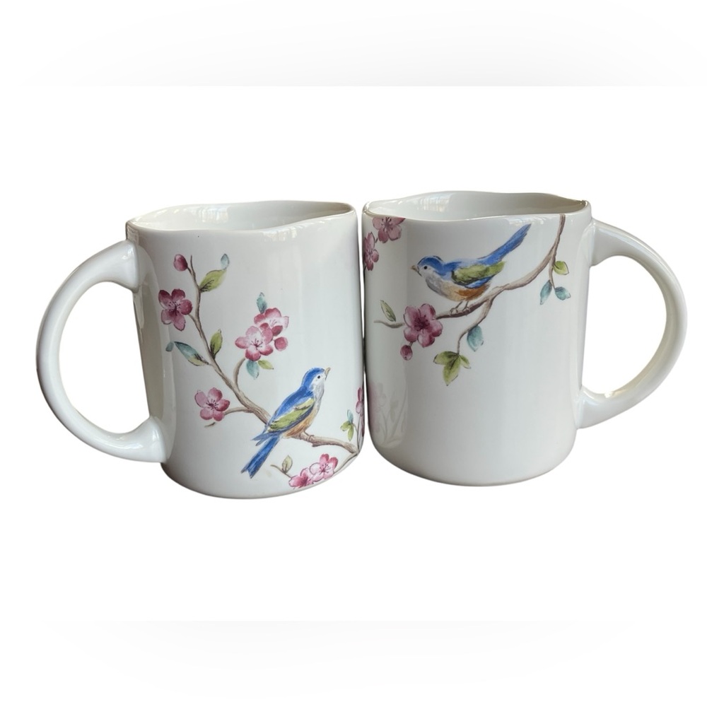 Pair Of 222 Fifth Feathered Friends Bird Floral Coffee Mugs Cups